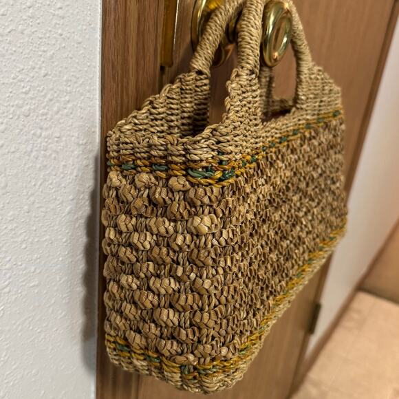 Vintage Boho Textured Bumps Woven Wicker Tan Top Handle HandBag Purse Grandma - Picture 2 of 11